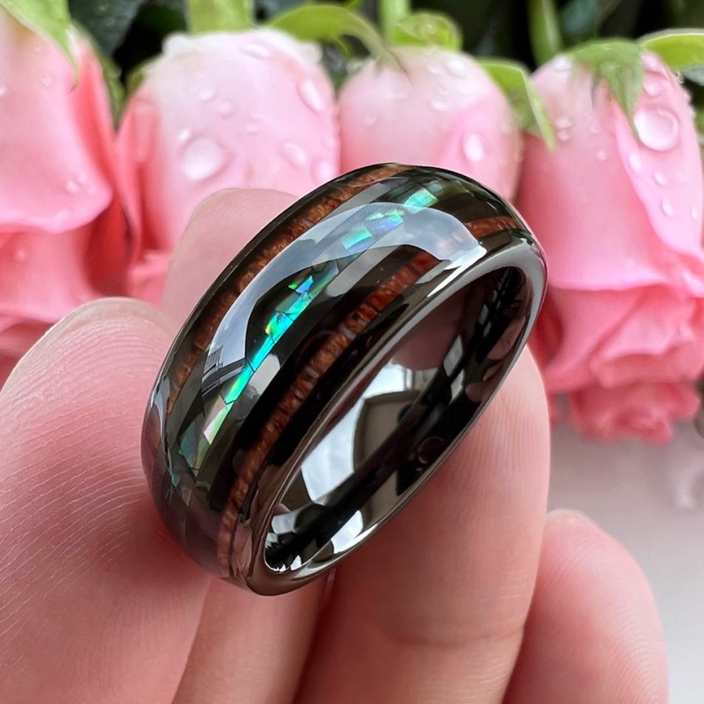 Tungsten Carbide Koa abalone shell gunmetal wedding ring‎ band 8mm NEW Size 9